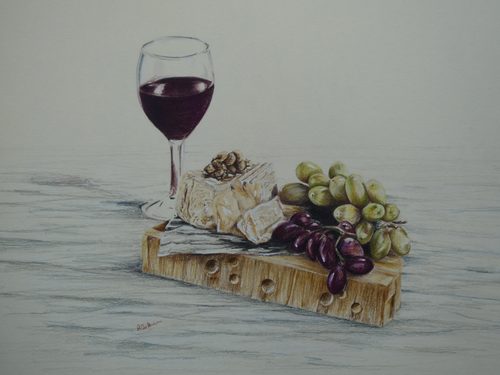 Angela, Lunch, Cheese and wine, coloured pencils.